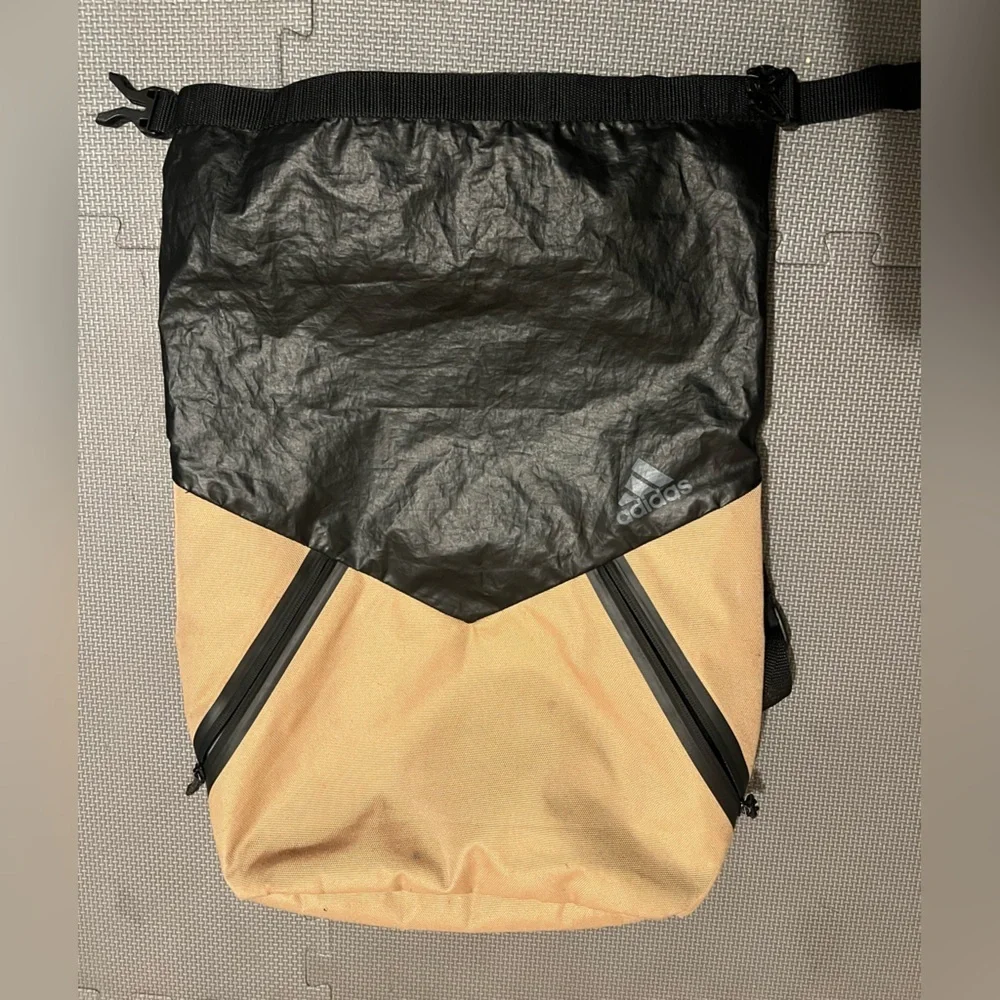 Adidas Black and Tan Backpack with Geometric Design
